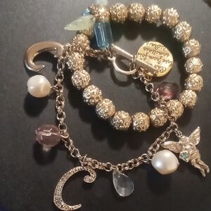 Elegant Gold and Initial C Charm Bracelet Pearls & Crystals Sz 7.5